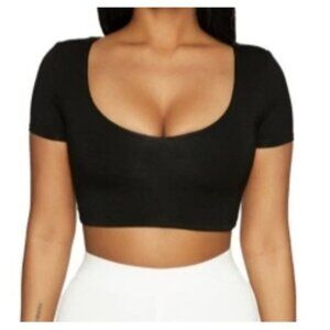 Naked Wardrobe Black Short Sleeve Scoop Neck Cropped Top